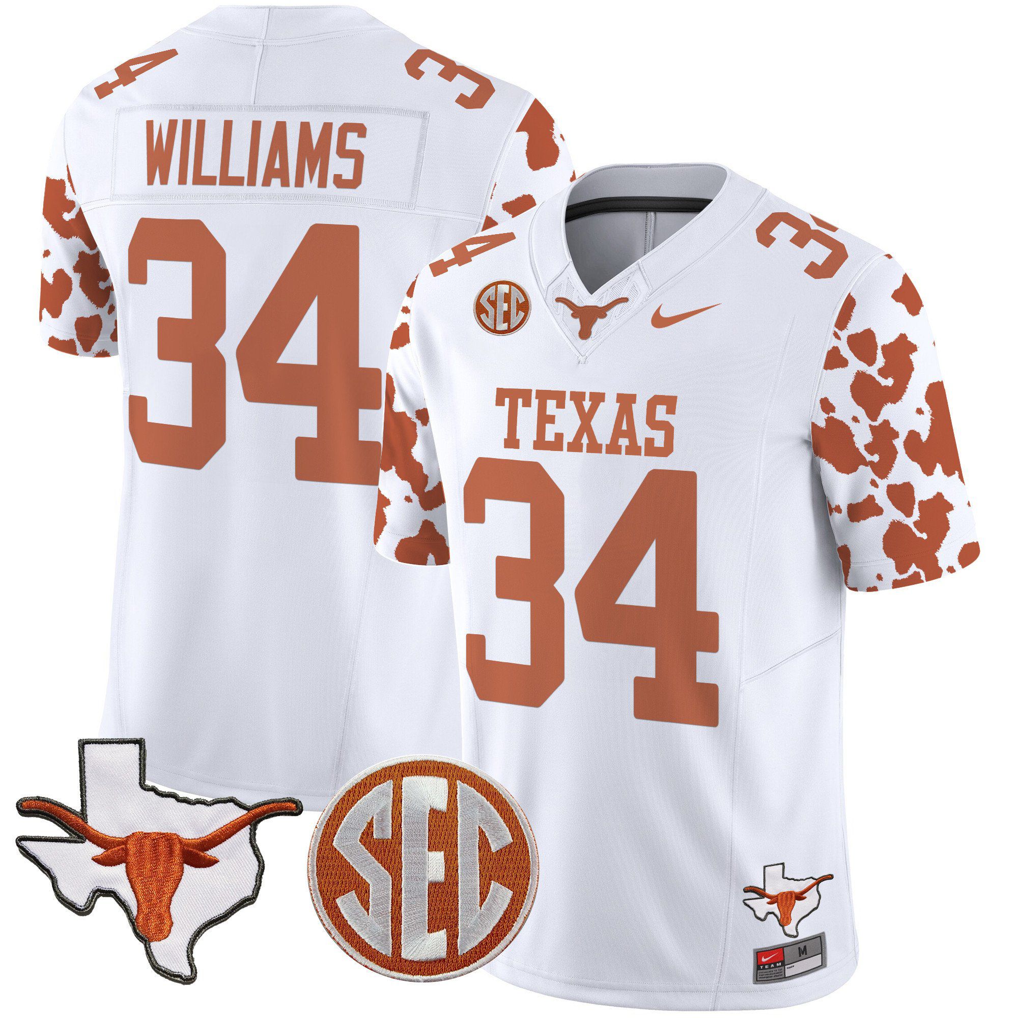 Men Texas Longhorns #34 Williams White 2024 Nike Cow Spots Vapor Limited NCAA Jersey